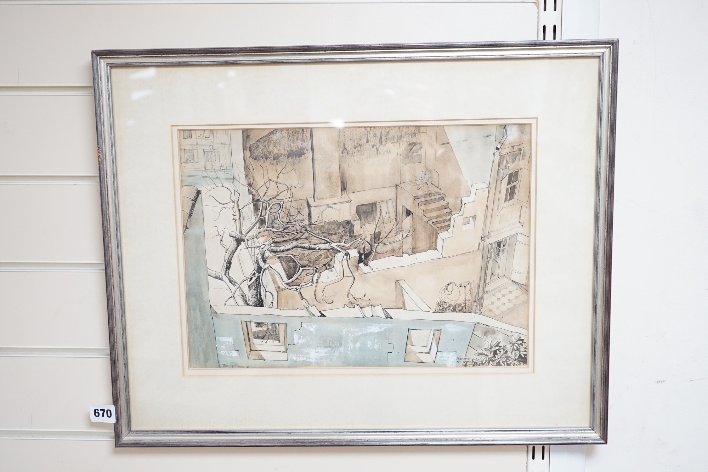 Tom Pomfret (1920-1997), ink and watercolour, 'Fontvielle, Arles', signed and dated 1951, 27 x 39cm